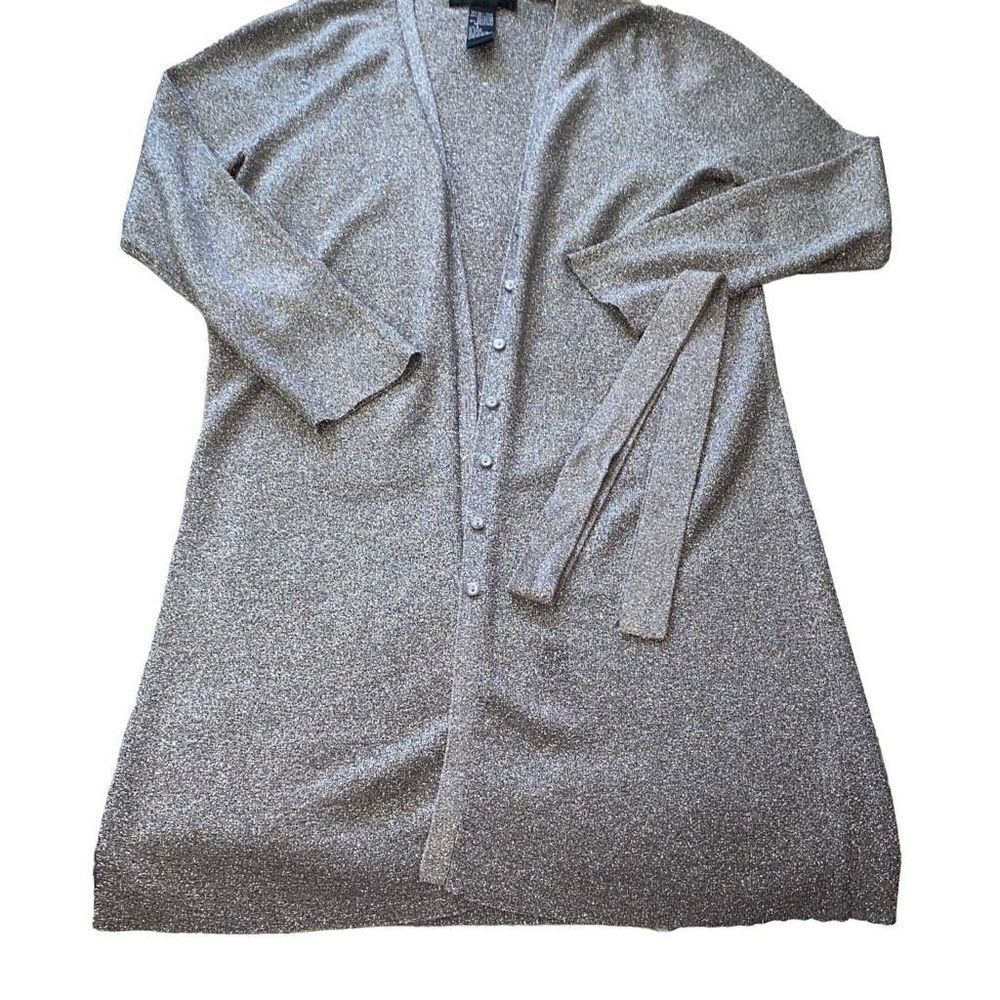 August Silk Long Cardigain Duster Belted Sweater Dress Metallic Silver Small